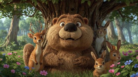 A high-resolution stock photo captures a heartwarming scene in a lush forest, reminiscent of Pixar's signature style. A frien