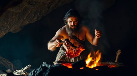 A rugged caveman with dark tan skin is depicted cooking mammoth meat over an open fire inside a dimly lit cave. Soft, gentle 