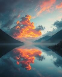An ethereal and spiritual image depicting vibrant, complimentary colors in the reflections of fiery clouds in a mountain lake