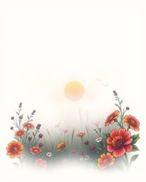 A vibrant, retro-style traditional tattoo art print depicts a spring sunset over a wildflower meadow, where the scene is part