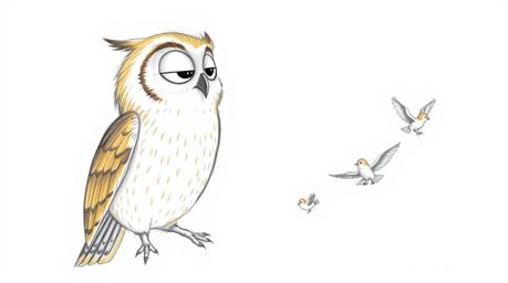 A gentle, blind owl with light brown plumage, depicted in a hand-drawn sketch reminiscent of Pixar's style, patiently instruc