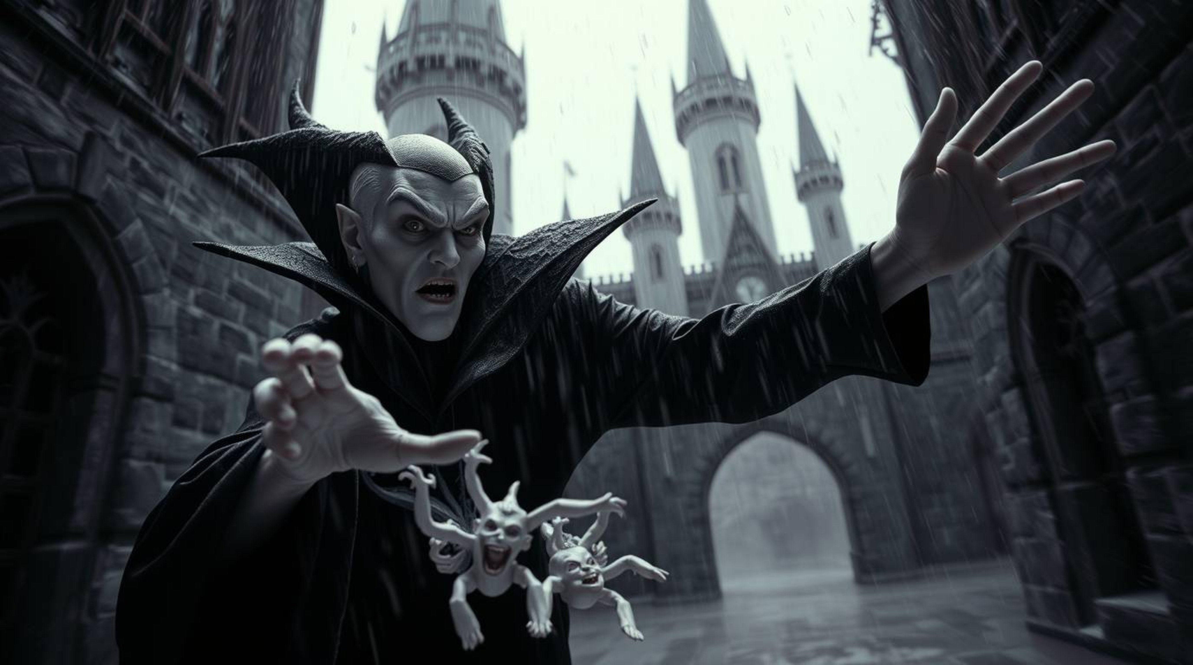 A classic Disney villain with sharp features and pale skin casts a spell within a gothic castle. The scene is surreal and dr