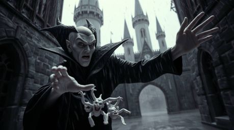 A classic Disney villain with sharp features and pale skin casts a spell within a gothic castle. The scene is surreal and dr
