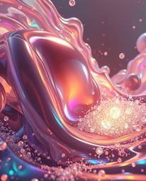 This image captures a dynamic scene filled with iridescent colors and an epic lens glow. Massive, glassy fluid 3D shapes are 