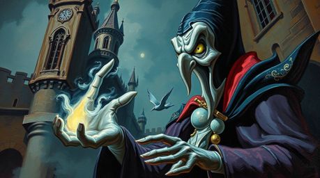 An extreme close-up oil painting in a classic style depicts a Disney villain casting a spell within the ancient walls of a ca