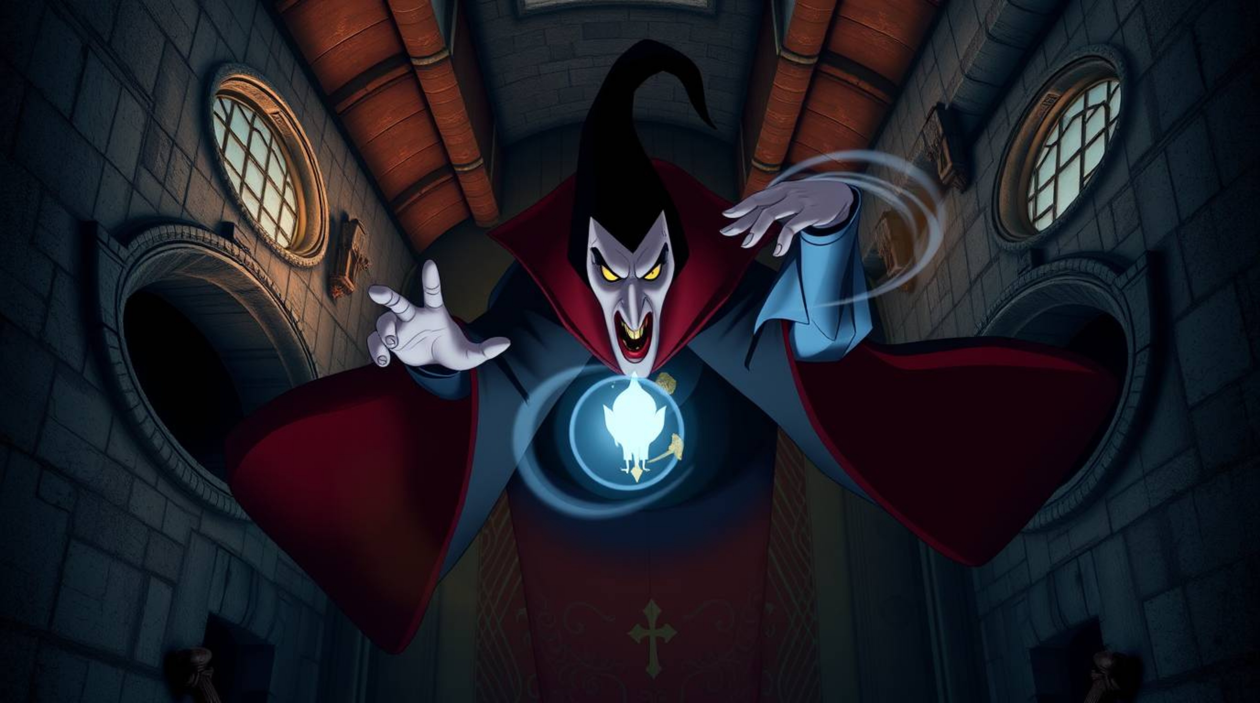 A captivating overhead shot depicts a classic Disney villain casting a spell within the ancient walls of a majestic castle.  