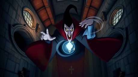 A captivating overhead shot depicts a classic Disney villain casting a spell within the ancient walls of a majestic castle.  