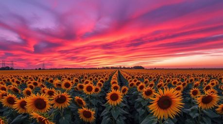 A precise architectural color photograph capturing a stunning sunflower field beneath a deep red and purple sky, shot from an