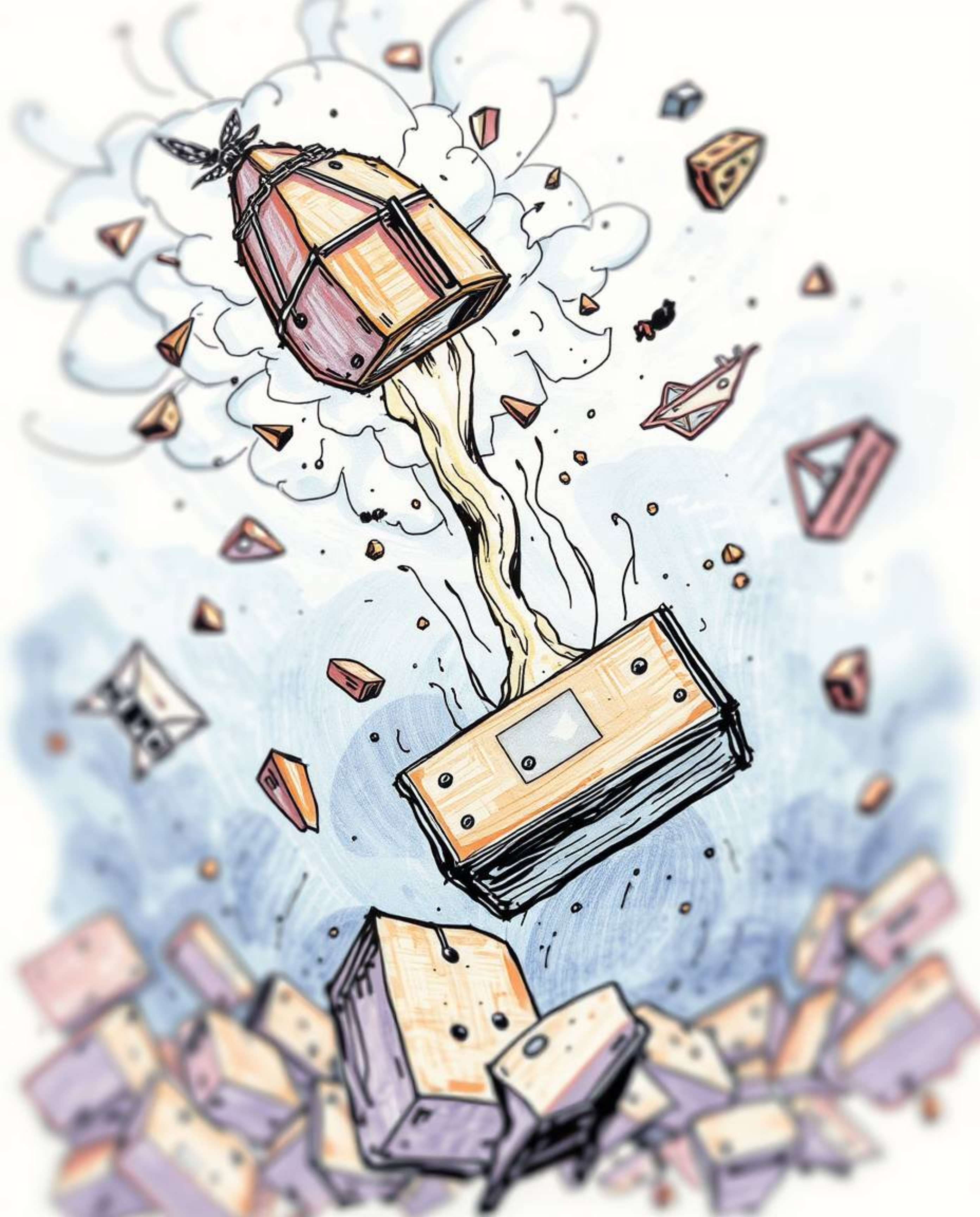 Explore a captivating color sketchnote-style hand-drawn sketch depicting a surreal storm where objects defy gravity and float