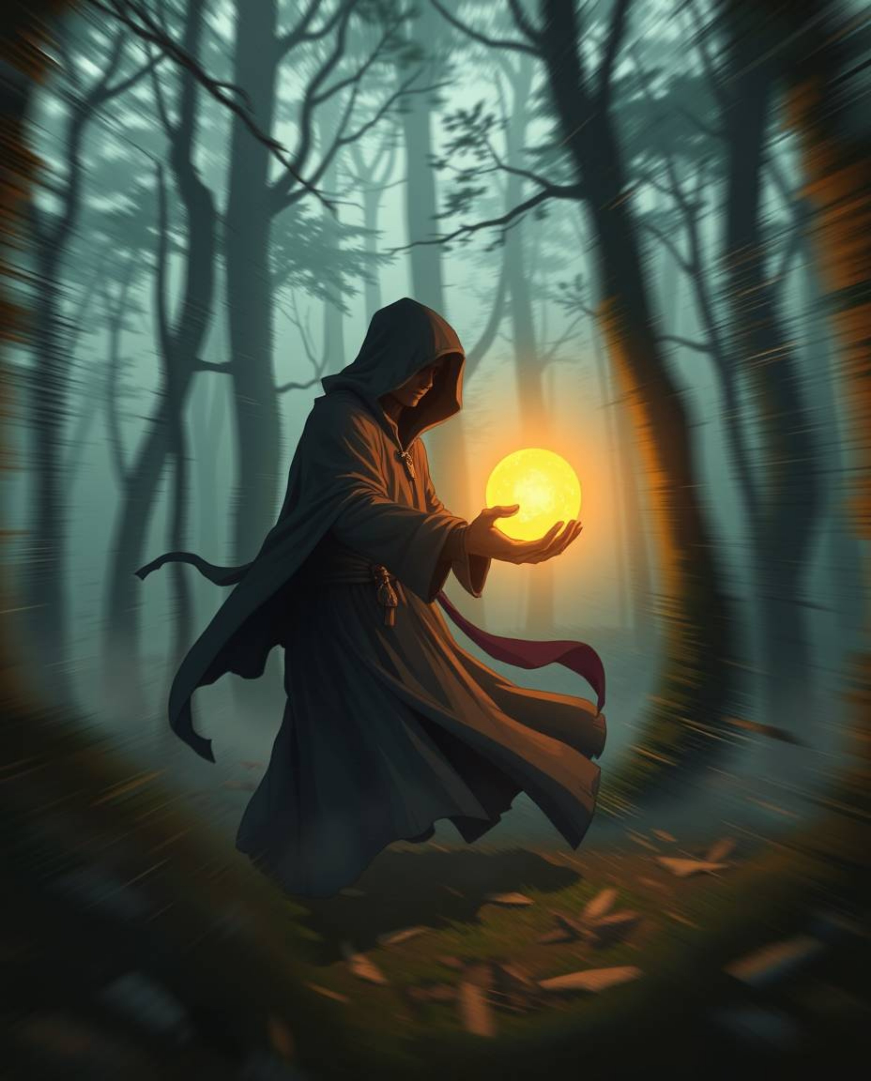 A captivating Isekai anime-style image depicts a dynamic scene of a cloaked figure within a misty forest, clutching a luminou