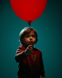A captivating image featuring a child holding a balloon bathed in rich, deep teal lighting, creating intense dramatic shadows