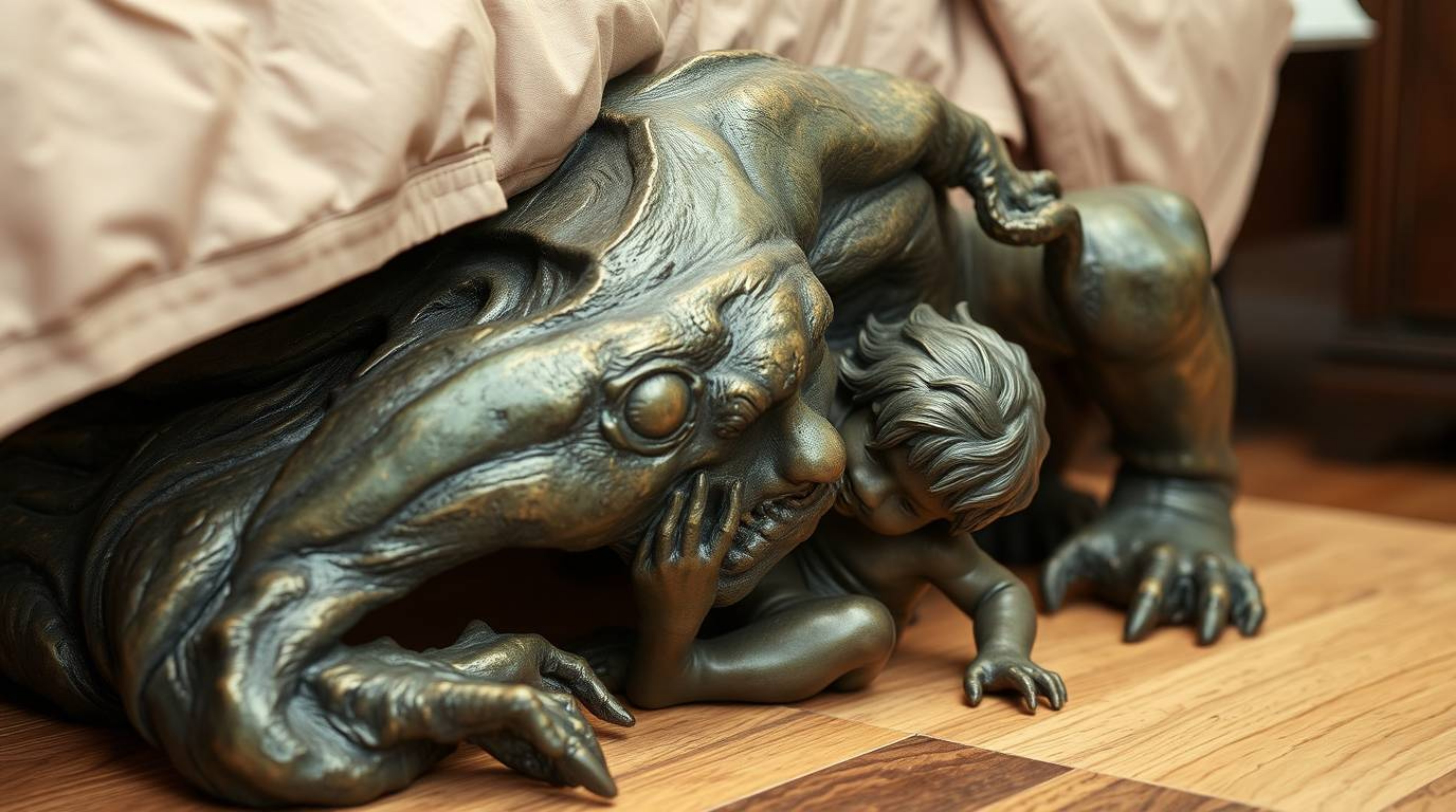 This cast bronze surface dynamically depicts a blurred, antique patina-finished monster and child forging an unlikely friends