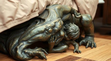This cast bronze surface dynamically depicts a blurred, antique patina-finished monster and child forging an unlikely friends