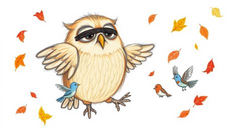 A heartwarming, Pixar-inspired sketch depicts a gentle, blind owl with soft, feathery textures guiding small birds as they le