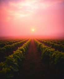 This artwork captures a vibrant sunset over a vineyard, uniquely shrouded in a blanket of thick fog. Despite the low visibili