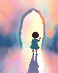 A captivating illustration depicts a child stumbling upon a mesmerizing iridescent portal in their backyard. Soft lighting,