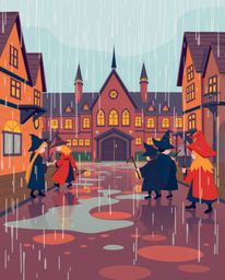 A magical school brimming with young wizards is depicted in a modern, flat design style, utilizing a palette of warm reds, or