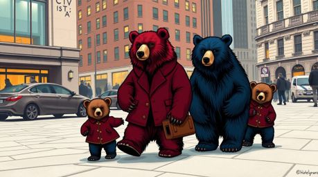 Experience the charm of a sophisticated bear family embarking on an elegant urban adventure. Bathed in a rich burgundy and de