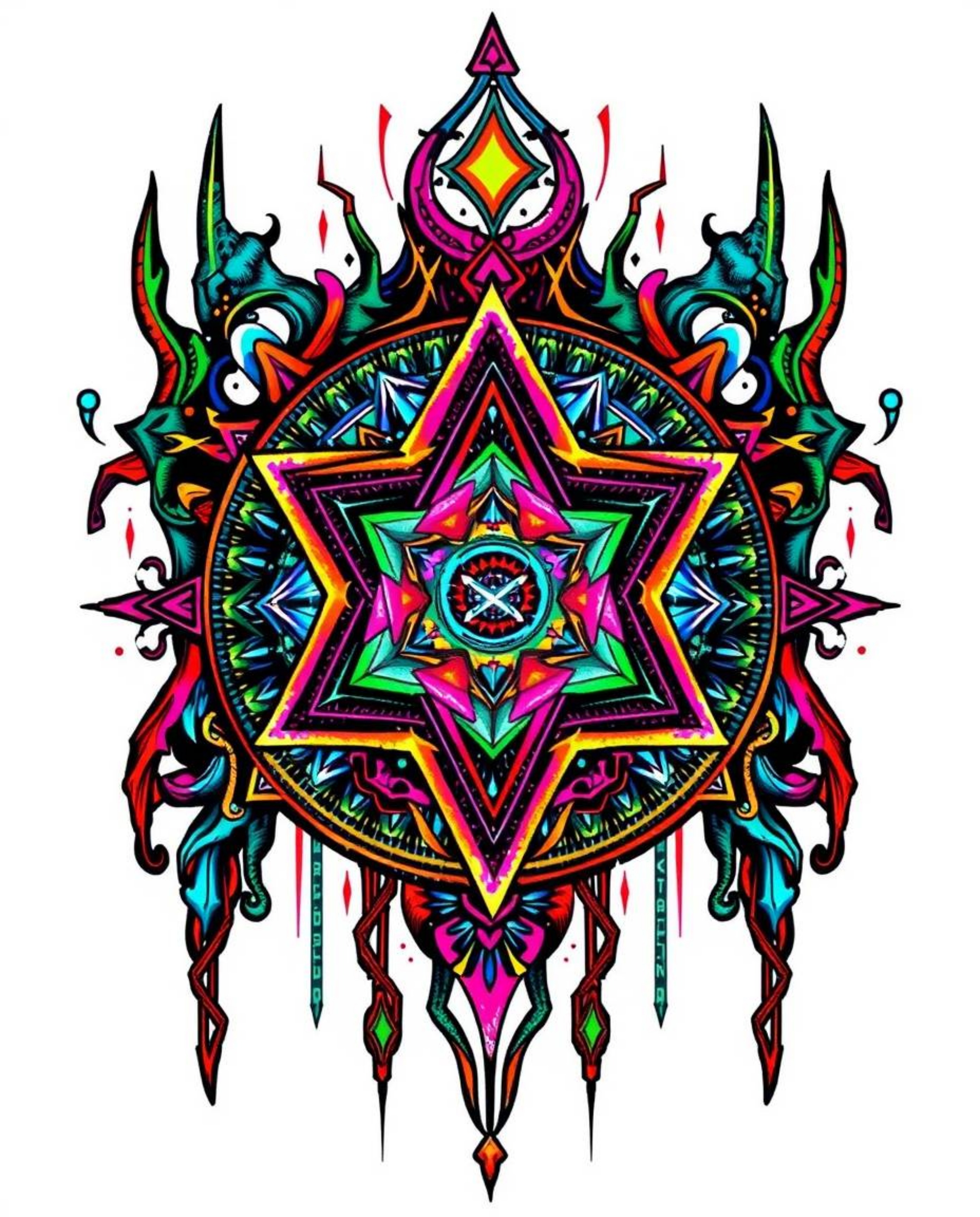 Discover stunning symbolic traditional tattoo art prints featuring glitched geometric shapes in a vibrant cyberspace setting.