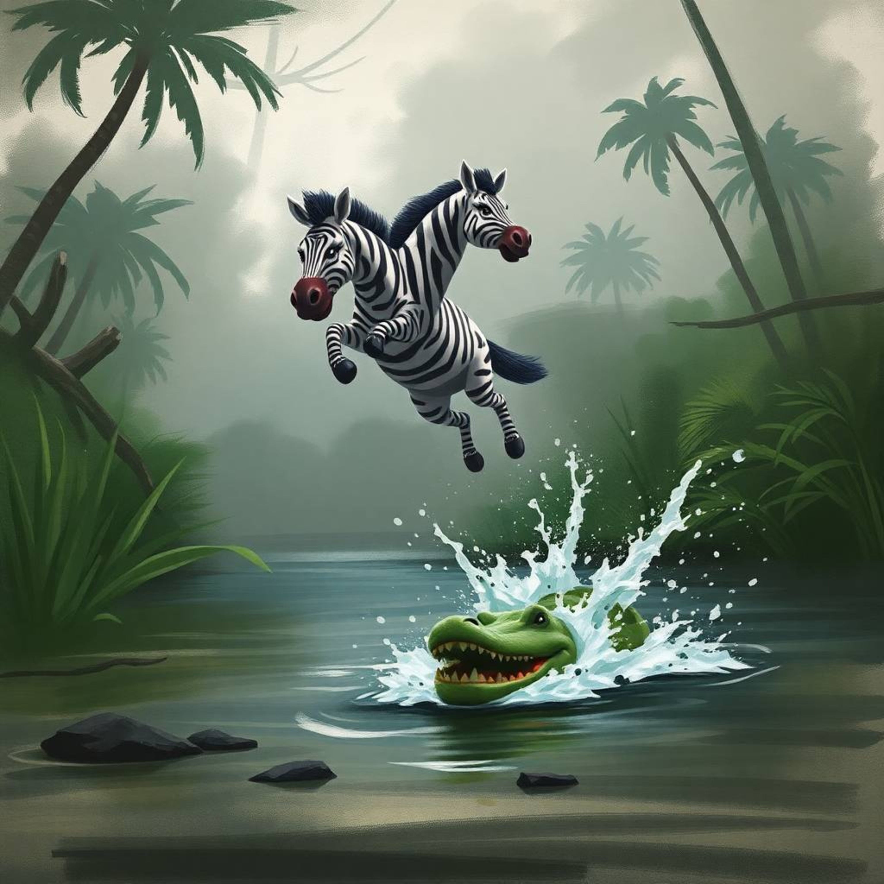 A dramatic digital sketch portrays a 3D cartoon zebra leaping from a jungle clearing to evade a crocodile's splash in the riv