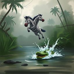 A dramatic digital sketch portrays a 3D cartoon zebra leaping from a jungle clearing to evade a crocodile's splash in the riv