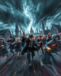 Experience a dynamic and dramatic representation of a magical school teeming with young wizards. This artwork captures the es