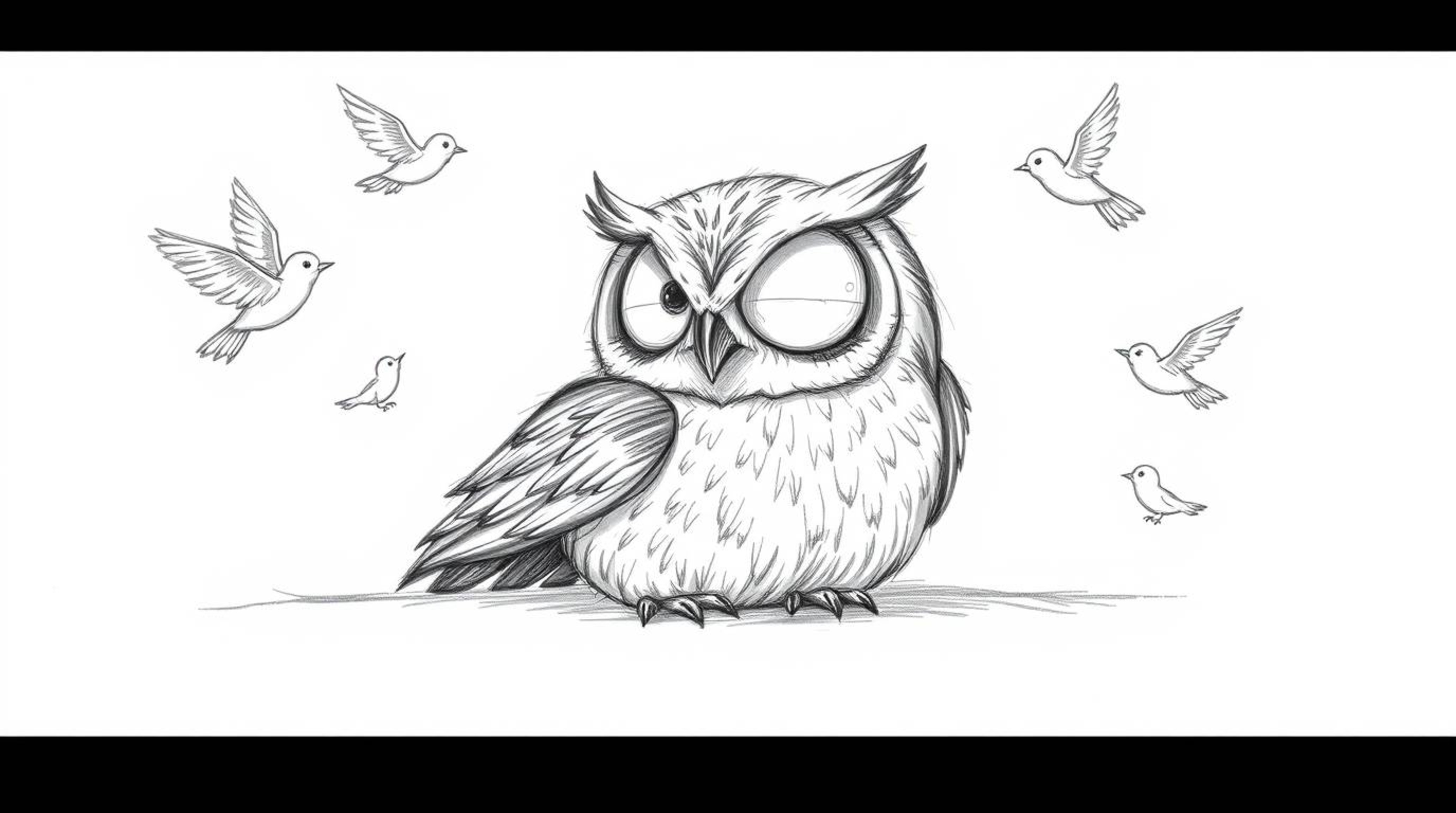 A heartwarming Pixar-style hand-drawn sketch featuring a blind owl, rendered with rough, textured pencil strokes. The owl res