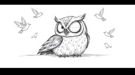 A heartwarming Pixar-style hand-drawn sketch featuring a blind owl, rendered with rough, textured pencil strokes. The owl res