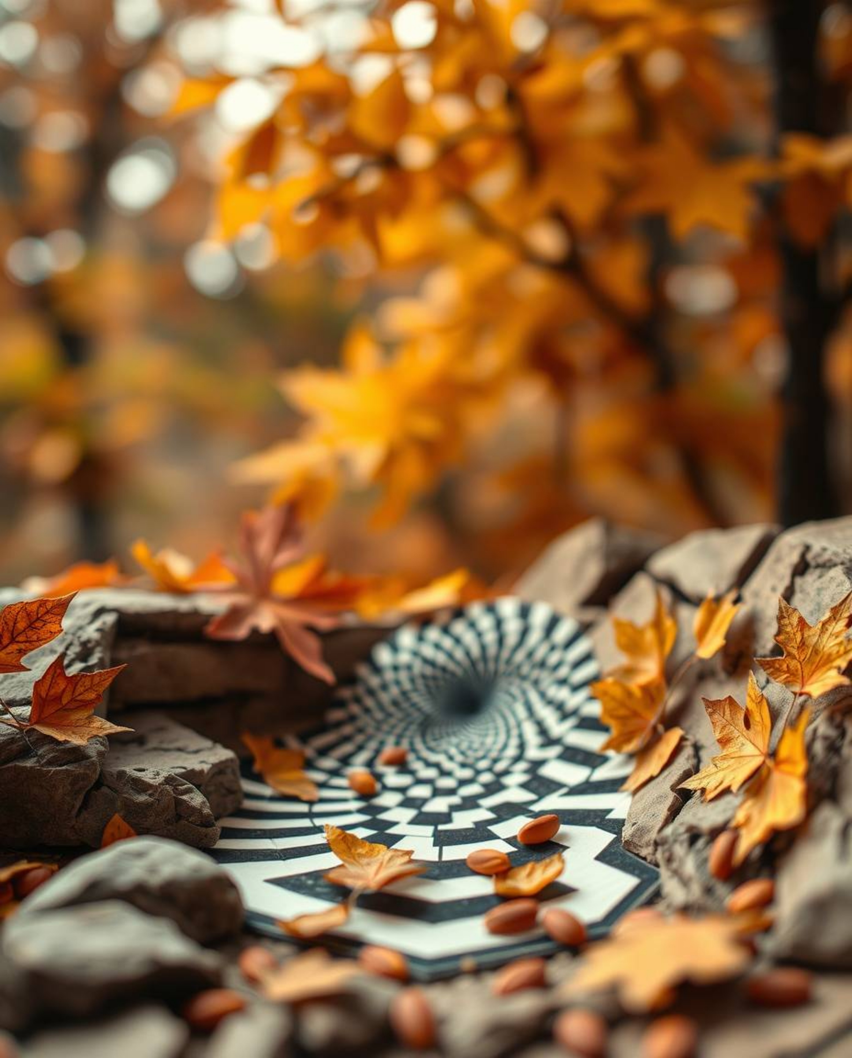 Immerse yourself in a warm autumnal scene meticulously crafted from layered papier-mâché. This unique artwork features a stri