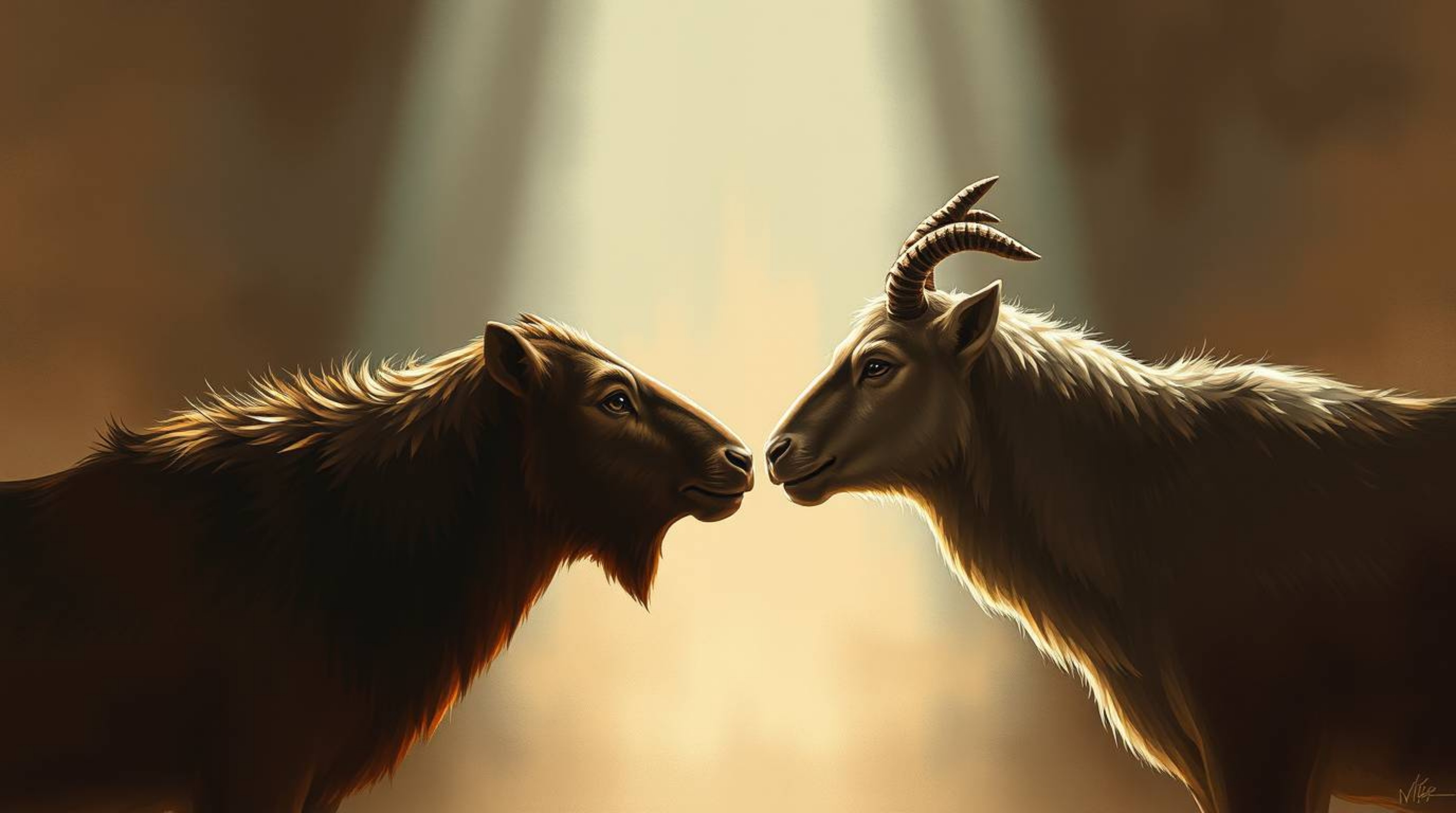 A captivating digital painting showcases two talking animals engaged in conversation, set against a backdrop of intense drama