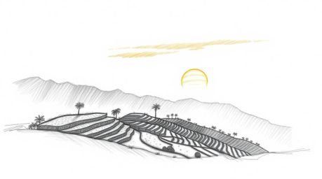 A dramatic, cinematic hand-drawn sketch showcasing a sunset over lush rice terraces nestled in the mountains.  The compositio