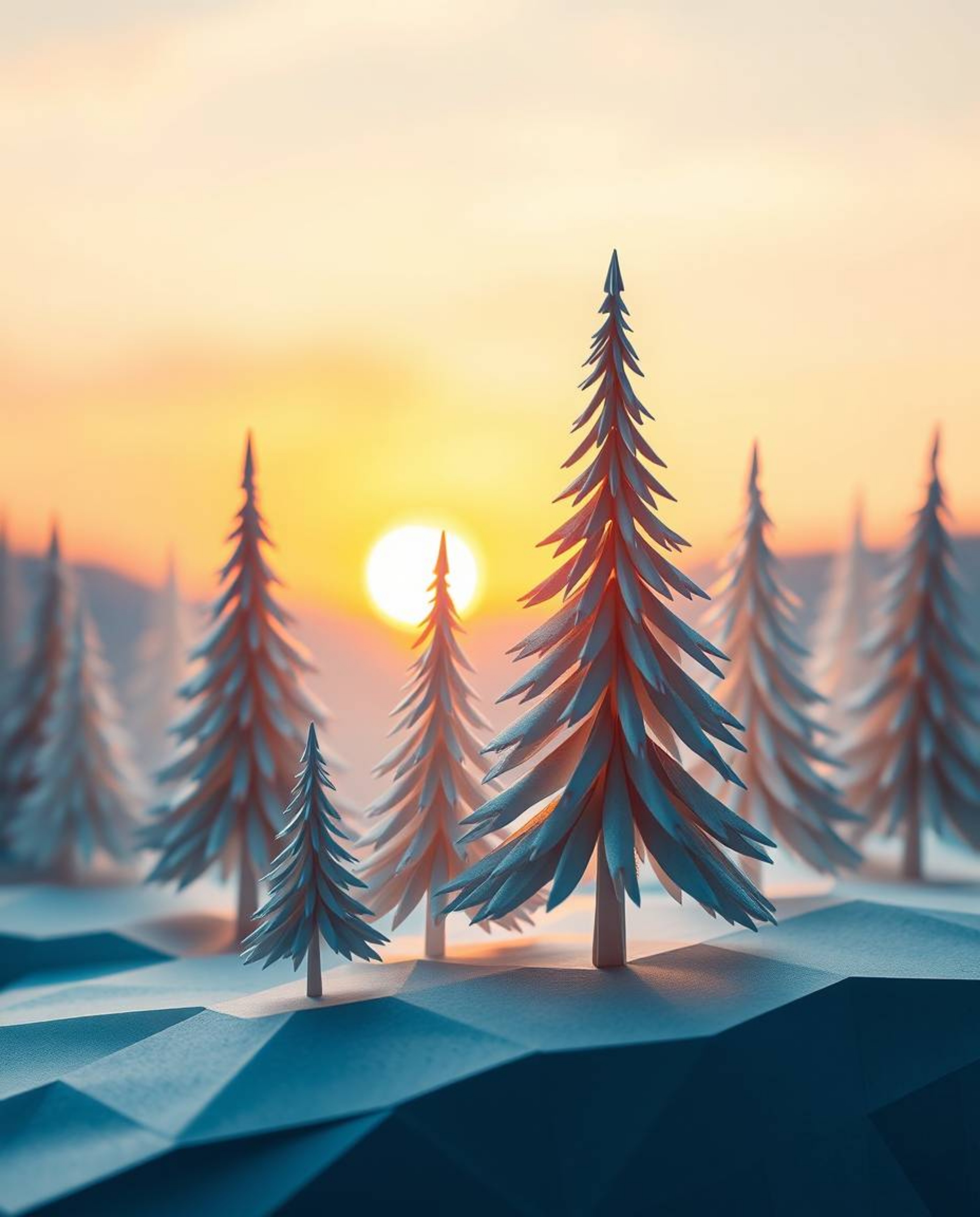 Graceful and elegant origami snowy pine trees sparkling in sunset light. Folded paper texture, geometric precision, refined f