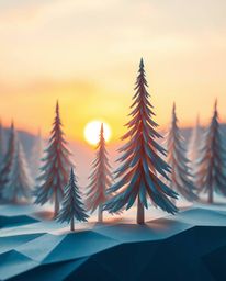 Graceful and elegant origami snowy pine trees sparkling in sunset light. Folded paper texture, geometric precision, refined f