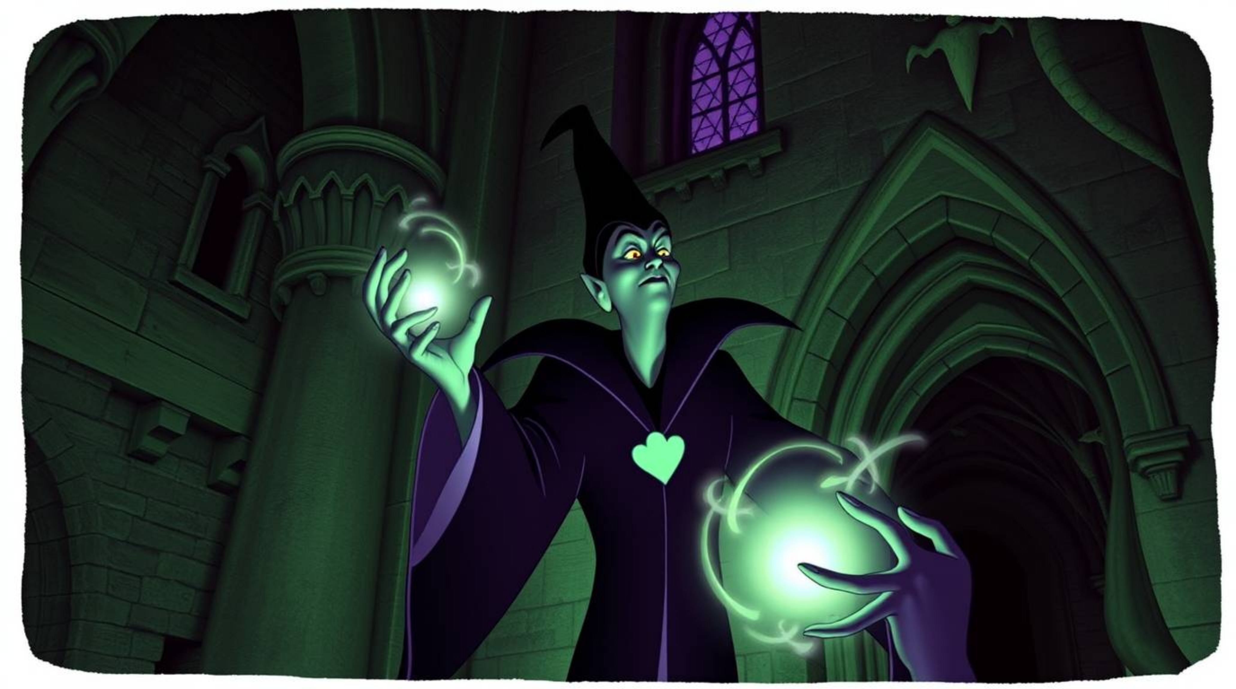 A classic Disney villain is depicted casting a spell within the confines of an old, imposing castle. The scene is rendered wi