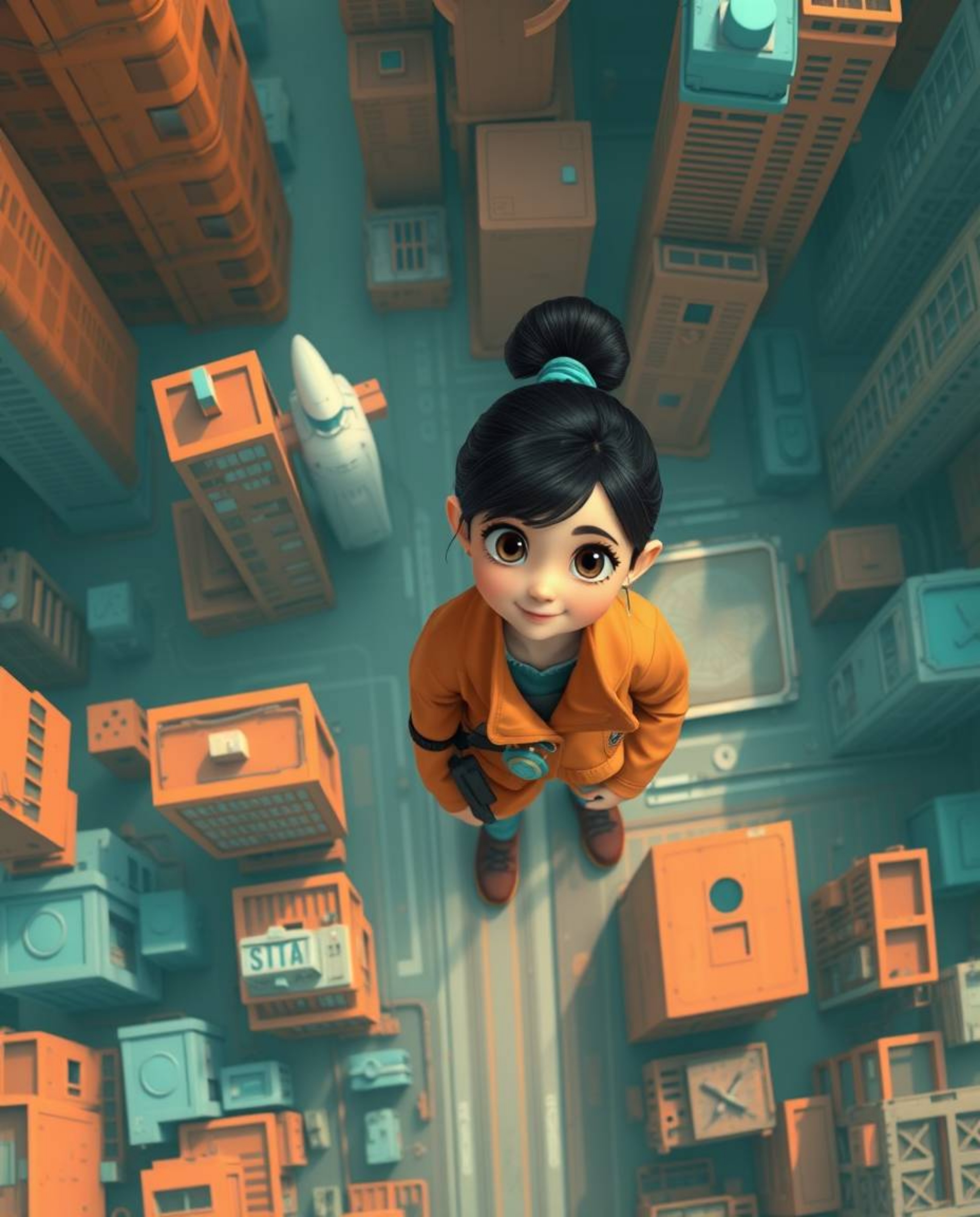 Experience a vibrant and imaginative world with a young inventor girl in a futuristic city, brought to life in a Pixar-like s