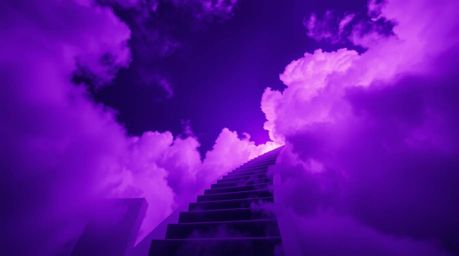 A captivating image depicts a winding stairway composed of smoke and light, ascending into a vast, cloudy sky.  Rendered in d