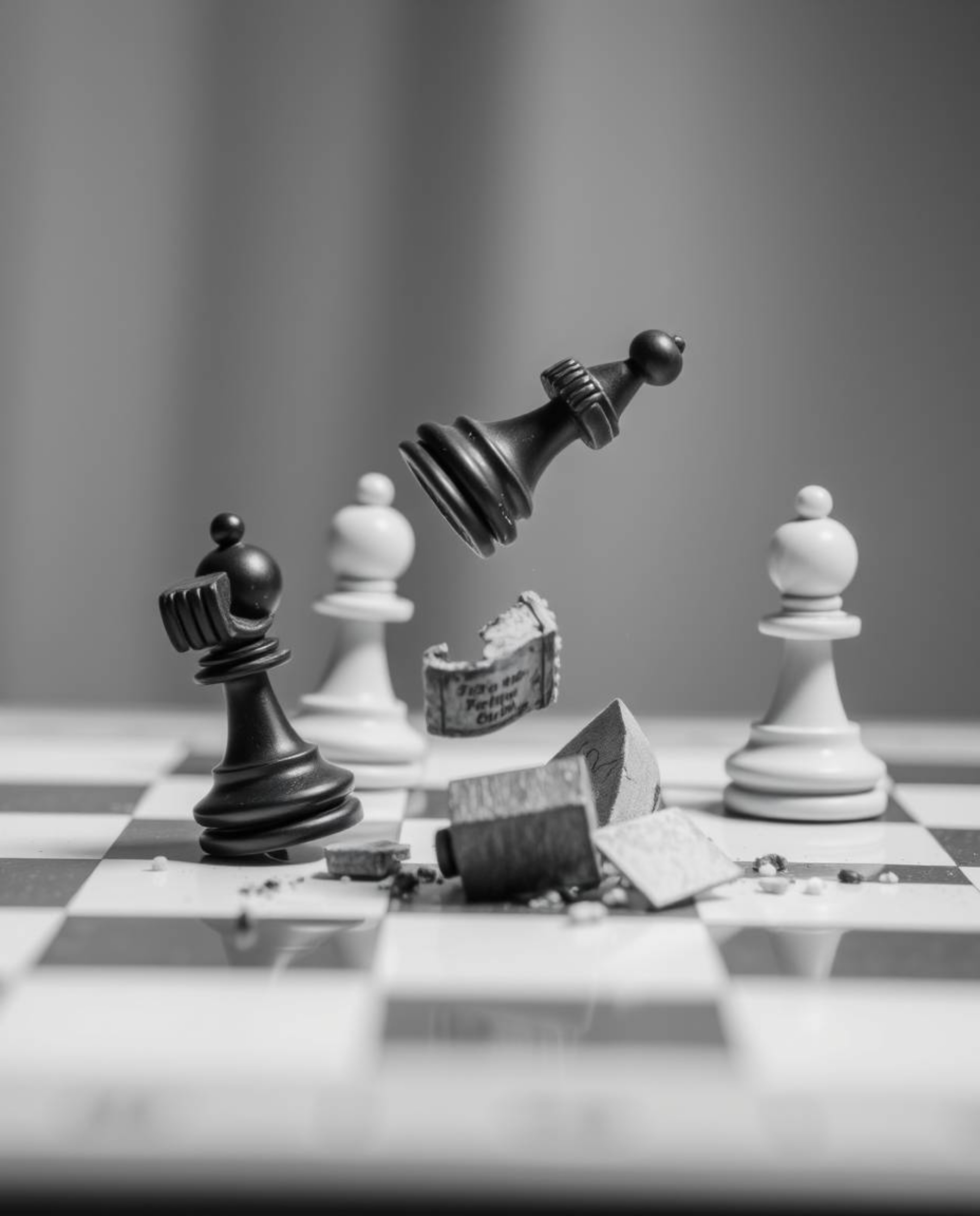 A captivating black and white photograph depicts a chessboard with pieces suspended mid-air, frozen in a moment of chaotic de
