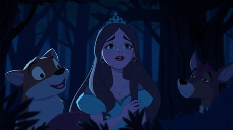 A captivating scene rendered in a vintage 2D animation style featuring a fair-skinned princess with long hair singing alongsi