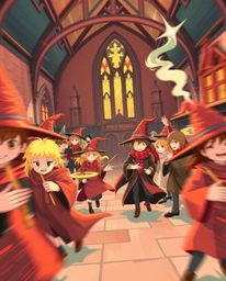 Immerse yourself in a vibrant and dynamic illustration of a magical school teeming with young wizards. This artwork, rendered