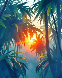 A delicate watercolor painting provides an extreme macro close-up of a sunset viewed through a dense jungle canopy. The artwo