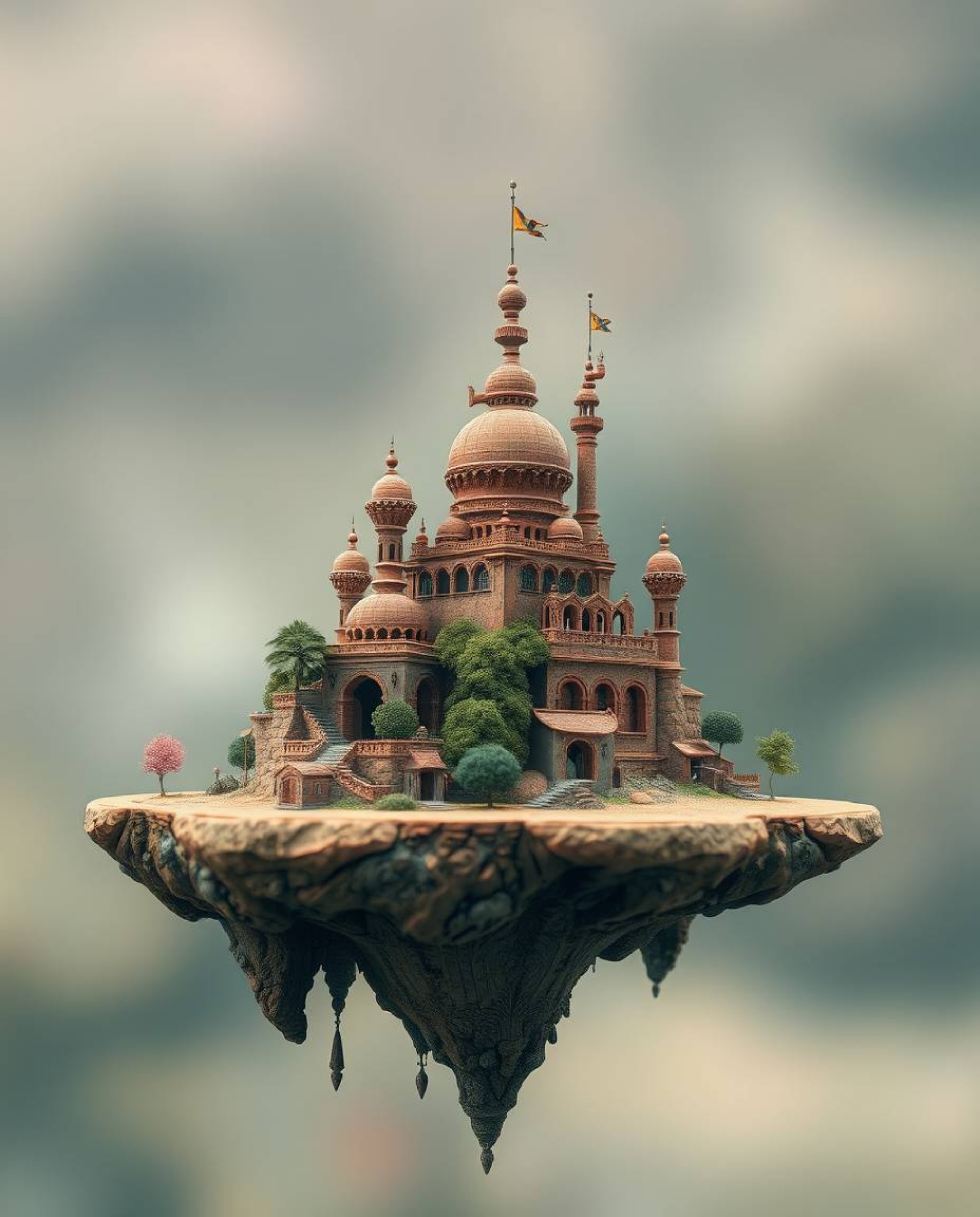 Immerse yourself in a surreal landscape featuring a floating island with peculiar architecture. Rendered in a captivating com