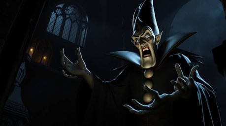 A classic Disney villain casts a sinister spell within the decaying walls of an old castle. The scene is steeped in dramatic