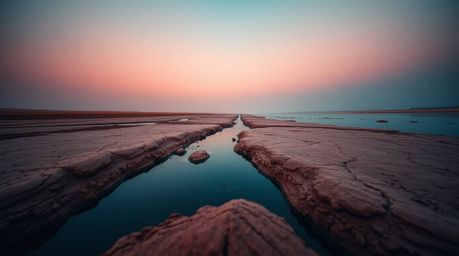 This image showcases a stunning river delta captured from a low-angle perspective, glowing in warm terracotta and cool teal t