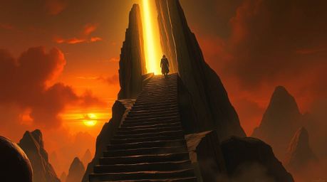 A warm, yet unsettling futuristic sci-fi painting portrays a lone figure ascending a stone staircase towards a radiant beam o