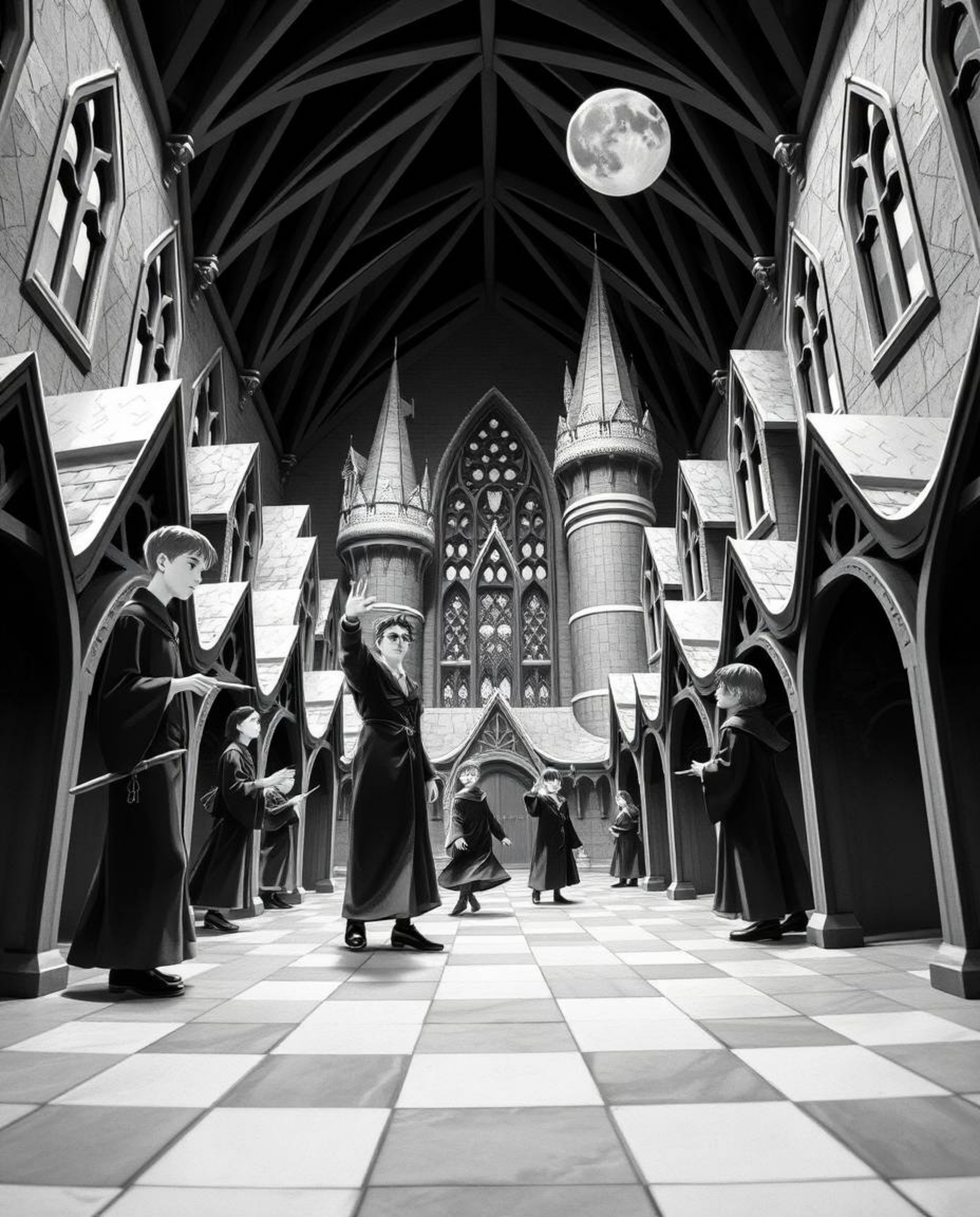 Discover a timeless and elegant depiction of a magical school filled with young wizards.  This intricate artwork utilizes a c