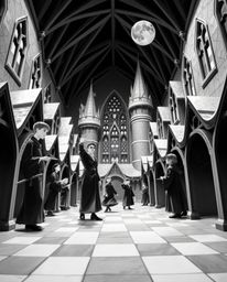 Discover a timeless and elegant depiction of a magical school filled with young wizards.  This intricate artwork utilizes a c
