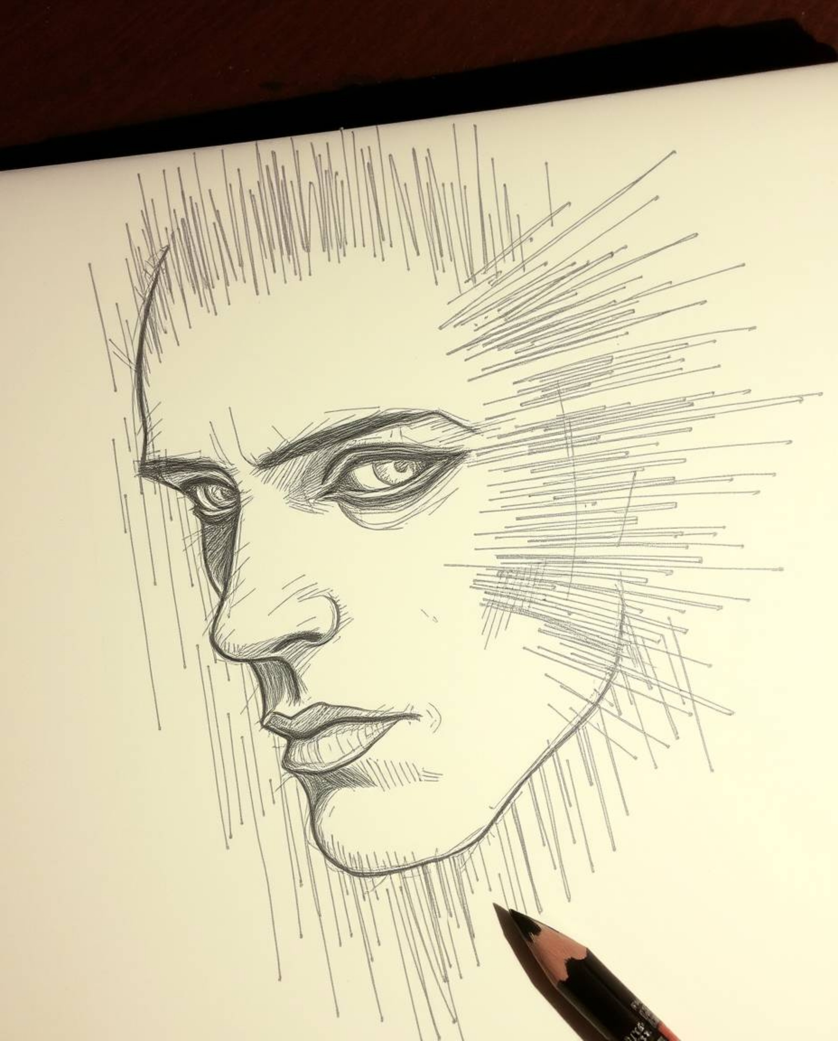 A captivating hand-drawn sketch showcasing a dramatic digital glitch effect, where a human face is being transformed into a m