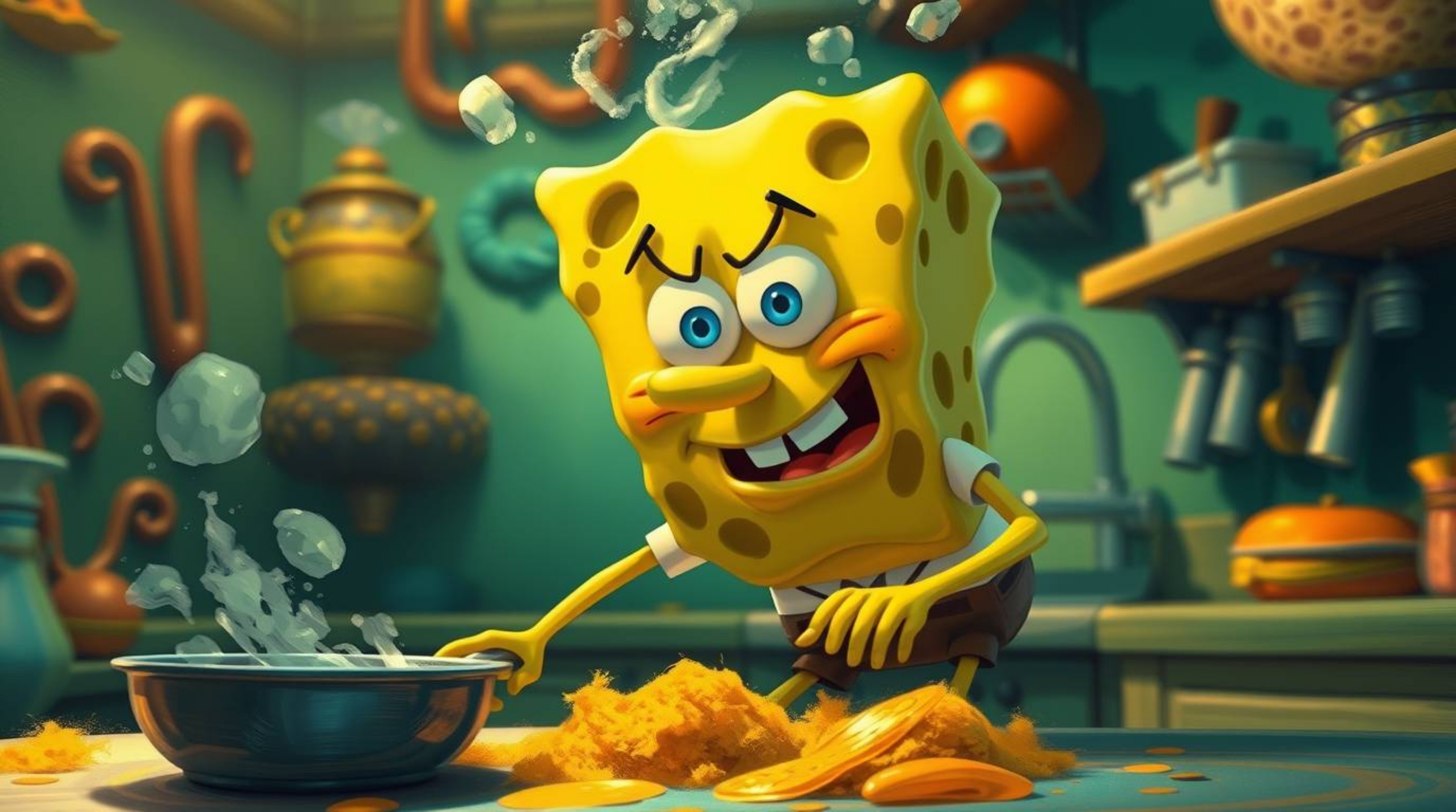 A determined sponge character with olive skin cooks delicious meals in a vibrant underwater kitchen.  This captivating animat