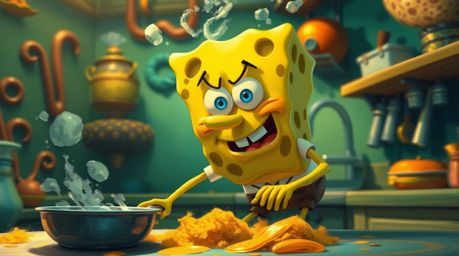 A determined sponge character with olive skin cooks delicious meals in a vibrant underwater kitchen.  This captivating animat