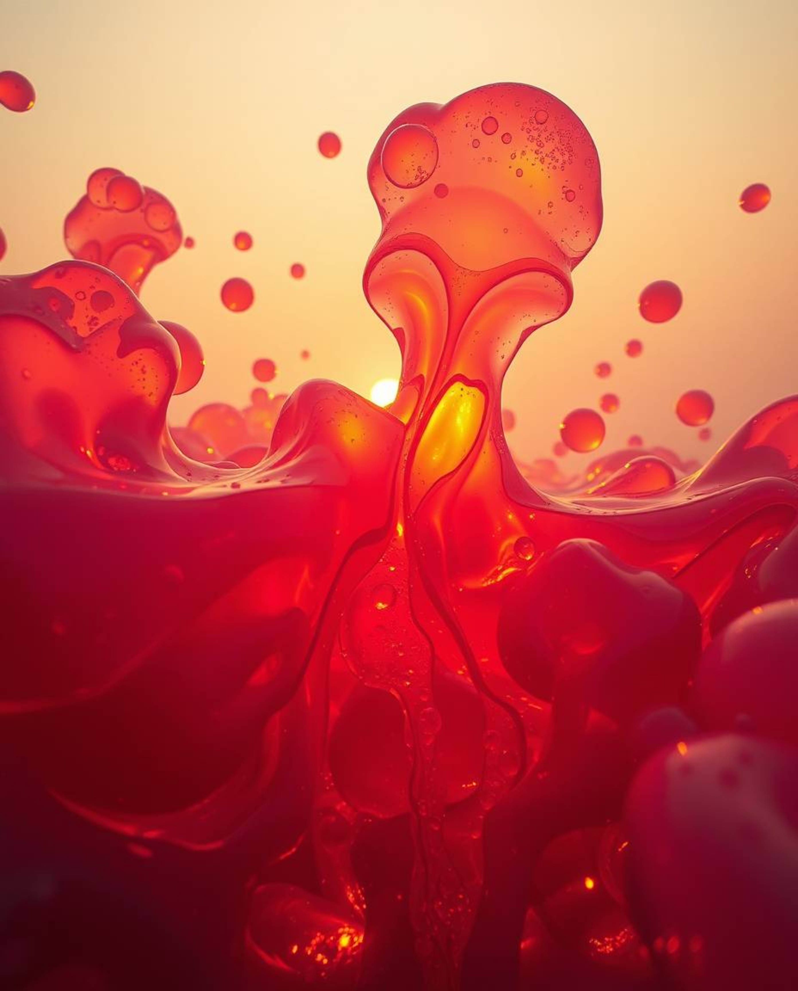 Experience a warm golden hour bathed in split, creating an eerie and creepy atmosphere. Visualize floating 3D blobs of fluid 